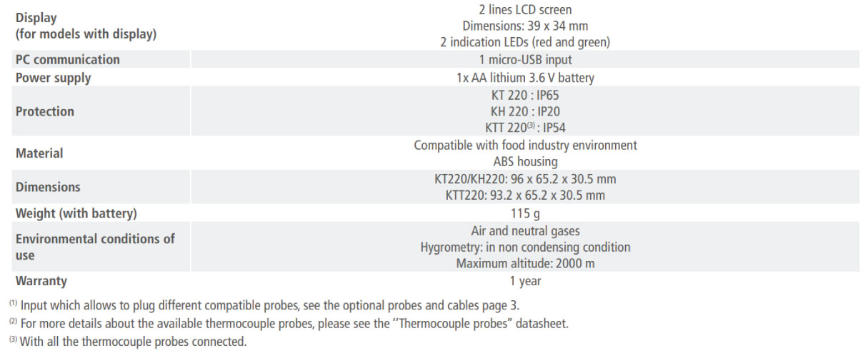 KT 220 Data Logger General Specifications