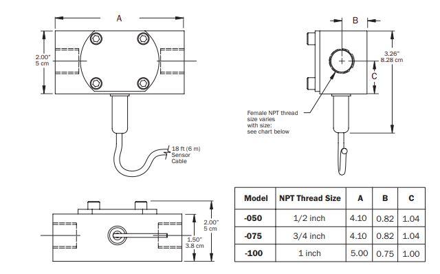 SES Stainless Single Jet Meter by SeaMetrics - Dimensions